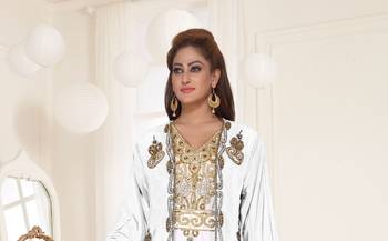 Off-White & White color Full Sleeves Handmade Two Piece Jacket Style Moroccan Kaftan 2