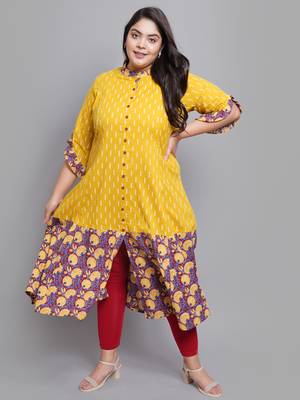 Women'S Plus Size Cotton Ikat & Floral Printed Anarkali Kurti (Mustard) 1