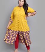 Women'S Plus Size Cotton Ikat & Floral Printed Anarkali Kurti (Mustard)