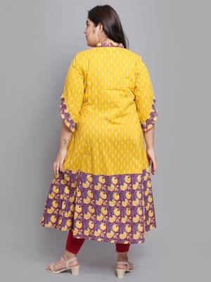 Women'S Plus Size Cotton Ikat & Floral Printed Anarkali Kurti (Mustard) 2