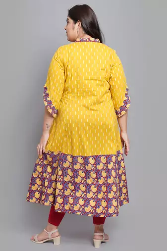Women'S Plus Size Cotton Ikat & Floral Printed Anarkali Kurti (Mustard)