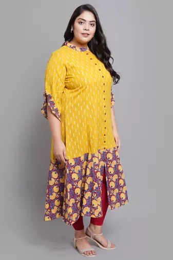Women'S Plus Size Cotton Ikat & Floral Printed Anarkali Kurti (Mustard)