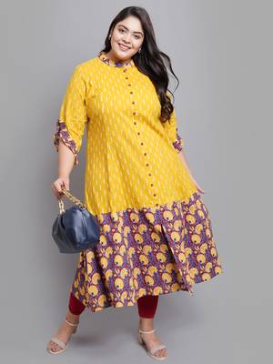 Women'S Plus Size Cotton Ikat & Floral Printed Anarkali Kurti (Mustard) 4