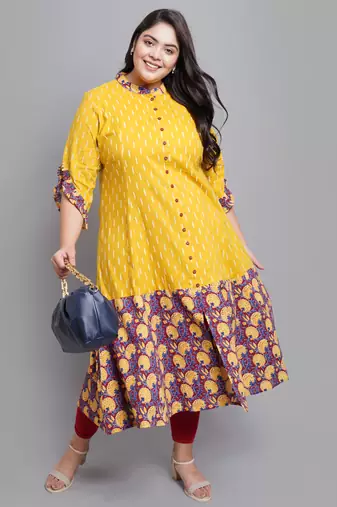 Women'S Plus Size Cotton Ikat & Floral Printed Anarkali Kurti (Mustard)