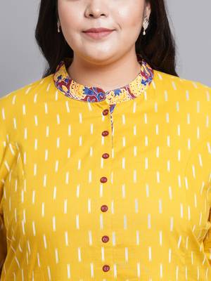 Women'S Plus Size Cotton Ikat & Floral Printed Anarkali Kurti (Mustard) 5