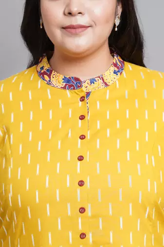 Women'S Plus Size Cotton Ikat & Floral Printed Anarkali Kurti (Mustard)