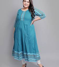 Women'S Plus Size Cotton Geometric Print Anarkali Kurti (Teal)