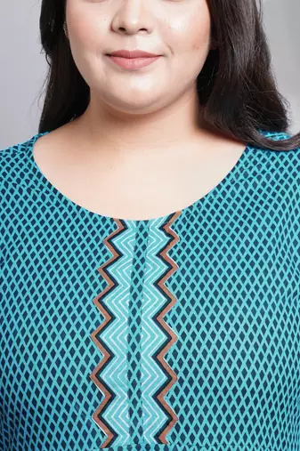 Women'S Plus Size Cotton Geometric Print Anarkali Kurti (Teal)