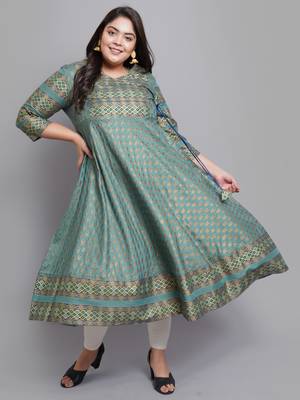 Women'S Plus Size Rayon Floral Print Anarkali Kurti (Green) 1