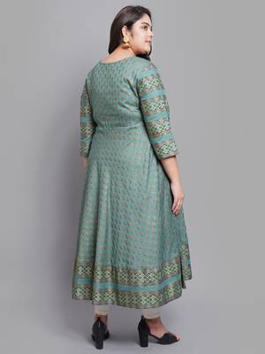 Women'S Plus Size Rayon Floral Print Anarkali Kurti (Green) 2