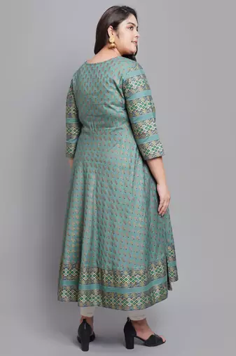 Women'S Plus Size Rayon Floral Print Anarkali Kurti (Green)