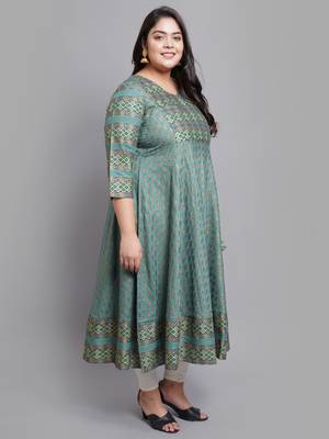 Women'S Plus Size Rayon Floral Print Anarkali Kurti (Green) 3