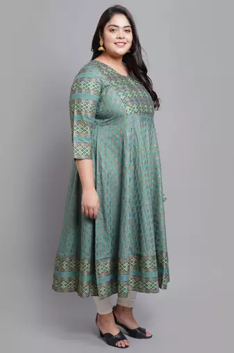 Women'S Plus Size Rayon Floral Print Anarkali Kurti (Green)