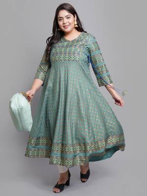 Women'S Plus Size Rayon Floral Print Anarkali Kurti (Green) 4