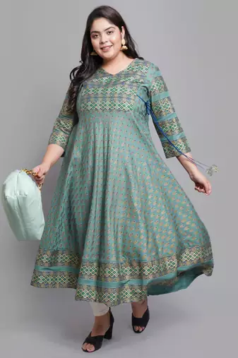 Women'S Plus Size Rayon Floral Print Anarkali Kurti (Green)