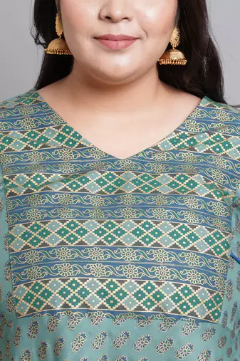 Women'S Plus Size Rayon Floral Print Anarkali Kurti (Green)
