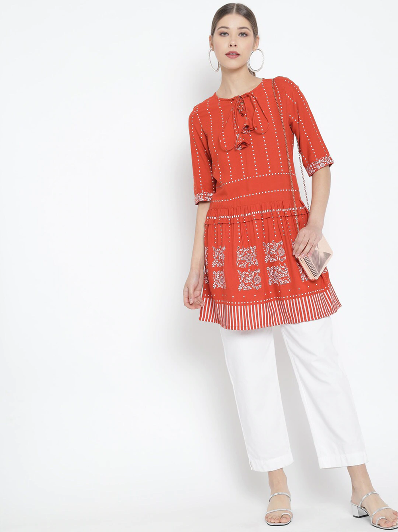 Women'S Rayon Floral Printed Short Kurti (Orange)