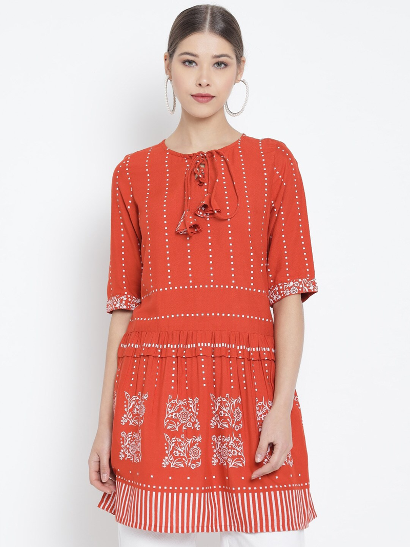 Women'S Rayon Floral Printed Short Kurti (Orange)