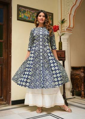 Women'S Cotton Geomatrical Printed A-Line Kurti (Blue) 2