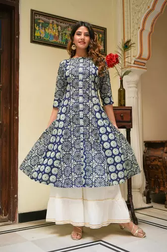 Women'S Cotton Geomatrical Printed A-Line Kurti (Blue)