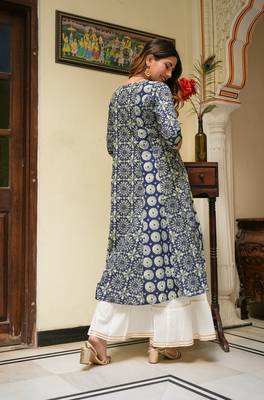 Women'S Cotton Geomatrical Printed A-Line Kurti (Blue) 1