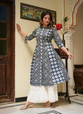 Women'S Cotton Geomatrical Printed A-Line Kurti (Blue) 3