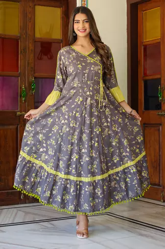 Women'S Floral Printed Anarkali Kurti(Grey)