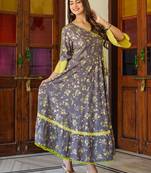 Women'S  Floral Printed Anarkali Kurti(Grey)