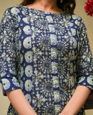 Women'S Cotton Geomatrical Printed A-Line Kurti (Blue) 5