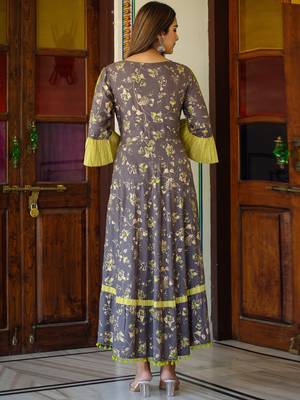 Women'S Floral Printed Anarkali Kurti(Grey) 3