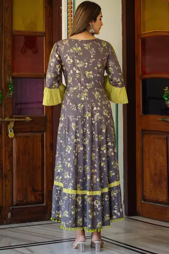 Women'S Floral Printed Anarkali Kurti(Grey)