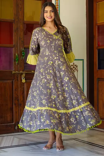 Women'S Floral Printed Anarkali Kurti(Grey)