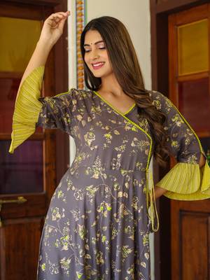 Women'S Floral Printed Anarkali Kurti(Grey) 5