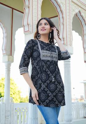 Women'S Cotton Bandhej Printed Short Kurti (Black) 3