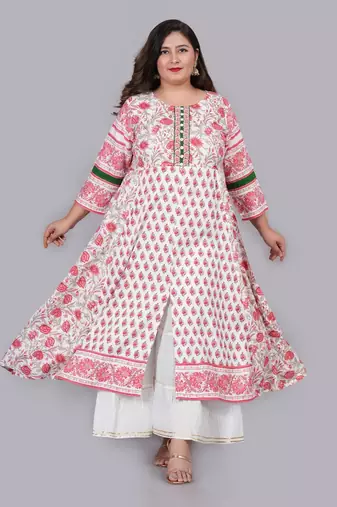 Women'S Plus Size Floral Printed Anarkali Kurti (White)