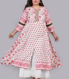 Women'S Plus Size Floral Printed Anarkali Kurti (White)
