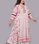 Women'S Plus Size Floral Printed Anarkali Kurti (White)