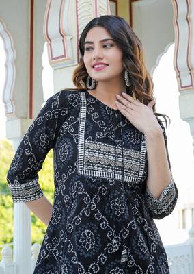 Women'S Cotton Bandhej Printed Short Kurti (Black) 4