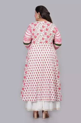 Women'S Plus Size Floral Printed Anarkali Kurti (White)