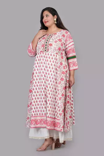 Women'S Plus Size Floral Printed Anarkali Kurti (White)