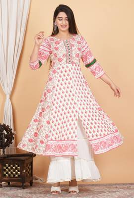 Women'S Plus Size Floral Printed Anarkali Kurti (White) 1