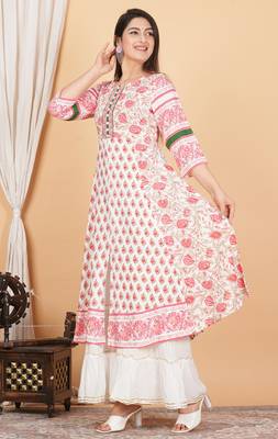 Women'S Plus Size Floral Printed Anarkali Kurti (White) 2