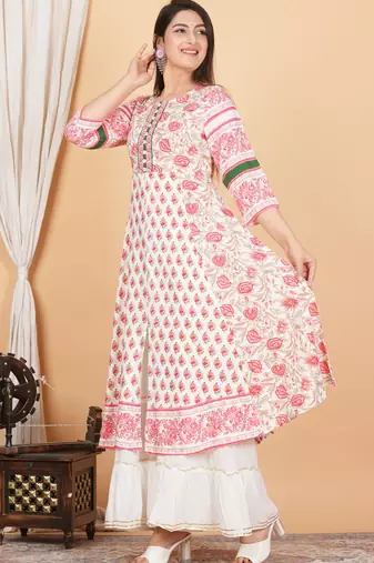 Women'S Plus Size Floral Printed Anarkali Kurti (White)
