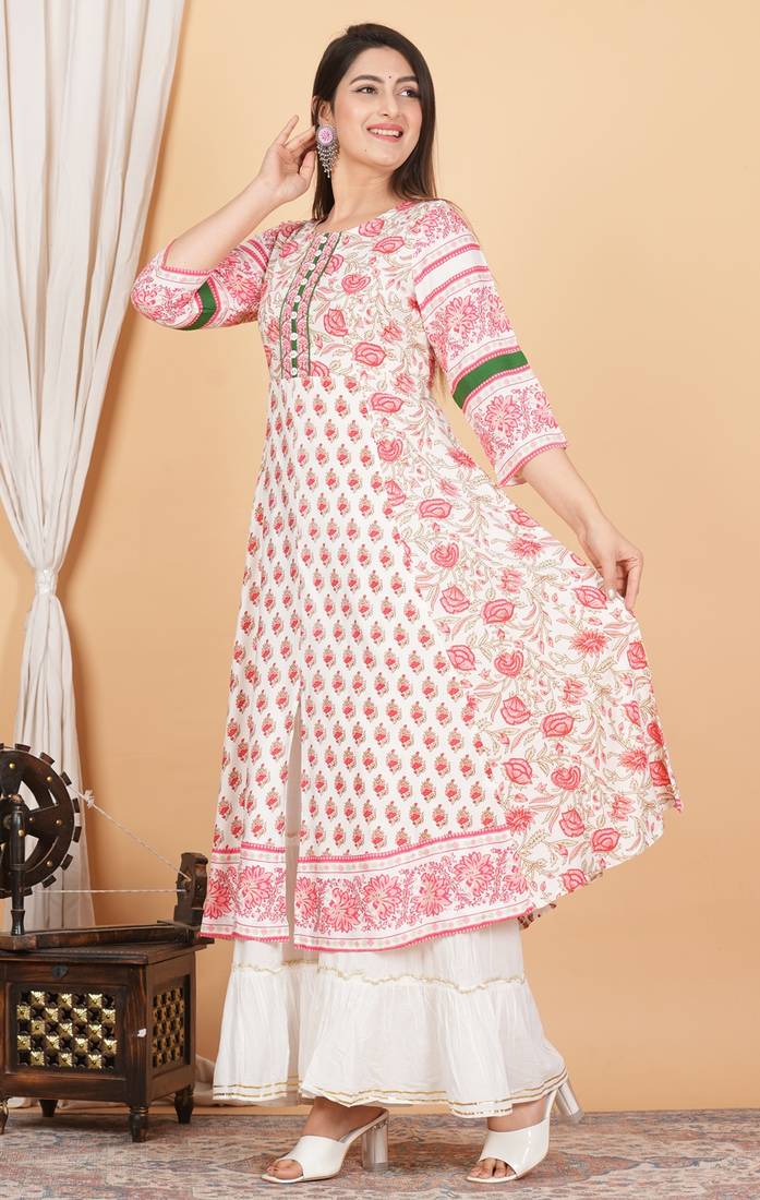 Women'S Plus Size Floral Printed Anarkali Kurti (White)