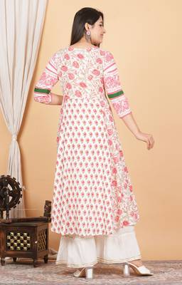 Women'S Plus Size Floral Printed Anarkali Kurti (White) 3