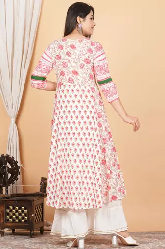 Women'S Plus Size Floral Printed Anarkali Kurti (White)