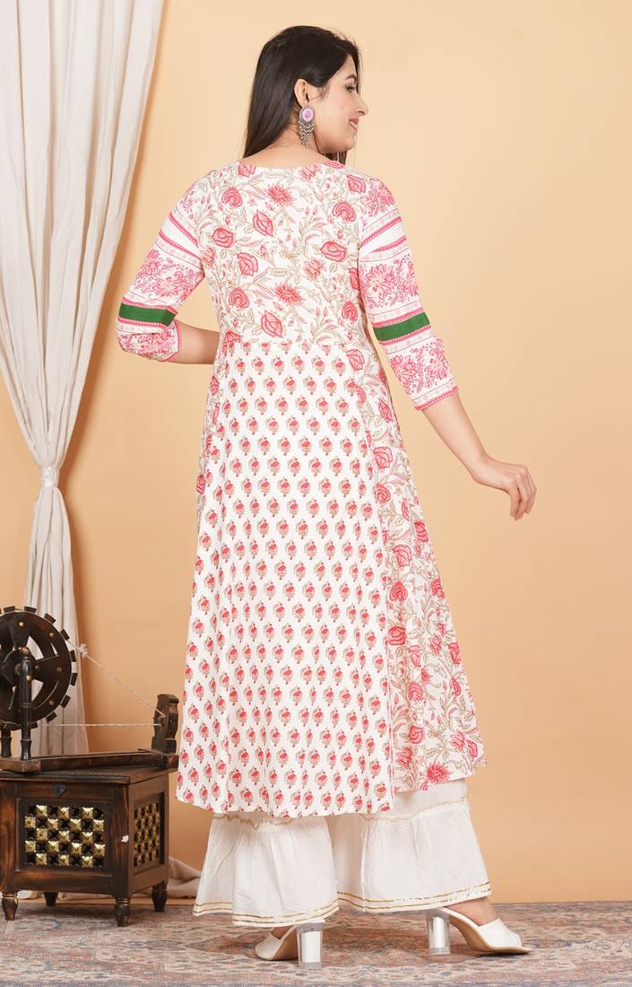 Women'S Plus Size Floral Printed Anarkali Kurti (White)