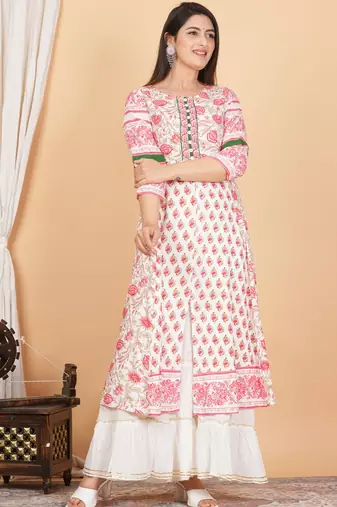 Women'S Plus Size Floral Printed Anarkali Kurti (White)