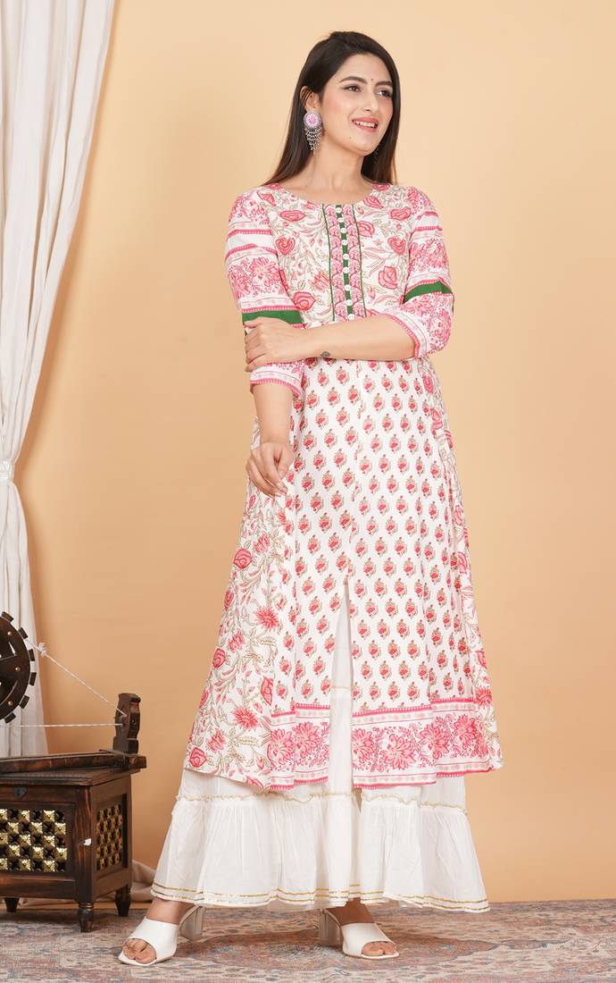 Women'S Plus Size Floral Printed Anarkali Kurti (White)