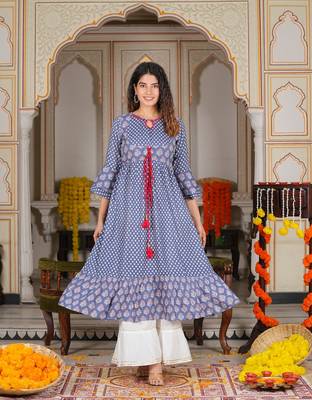 Women'S Grey Floral Printed Anarkali Kurti (Grey) 2